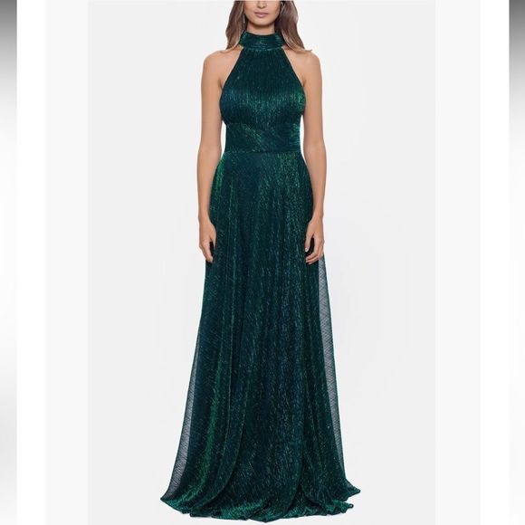 Betsy & Adam Dresses & Skirts - Betsy & Adam Halter Mock Neck Crinkle Faux Wrap Gown, Jade Metallic Size 10 NWOT